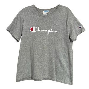 Vintage Champion Heather Gray Spellout T Shirt Sz L EUC